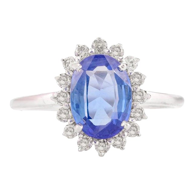 Oval Cut Royal Sapphire Diamond Halo Ring Size 7 in 14k Solid White Gold For Sale