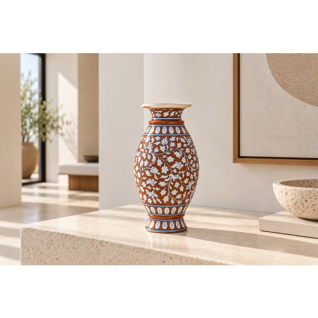 Indian Elegant Rust & Blue Floral Vase For Sale - Image 3 of 9