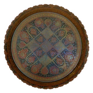 Vintage Indian Hand Engraved Enameled Brass Tray For Sale