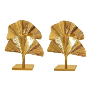 Pair of Ginkgo Brass Table Lamps, Mid Century Modern Italy For Sale