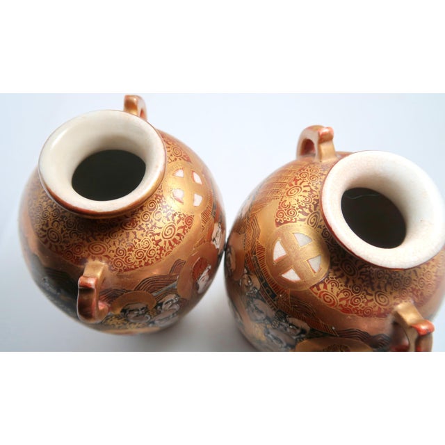 Antique Japanese Signed Satsuma Porcelain Vases, Matched Pair With Double Handles, Faces and Dragon on Each For Sale - Image 10 of 10