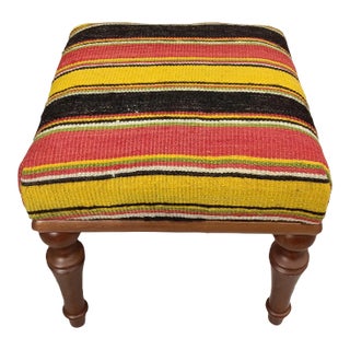 Mid Century Modern Kilim Upholstered Walnut Footstool For Sale