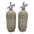 Sparklets Ltd. London, English Seltzer Bottles / Soda Siphons With Original Straws, Red Fill Bands & Woven Metal Mesh - Mid-20th Century Pair For Sale