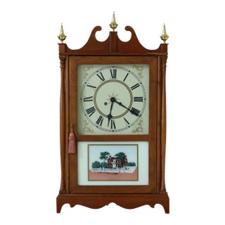 Pillar & Scroll Cherry Clock with Hancock House Glass Panel For Sale