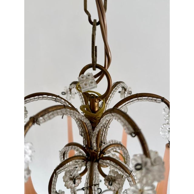 Venetian Style Beaded Brass Chandelier with Pink Murano Glass Drops, Italy, 1950s For Sale - Image 10 of 18