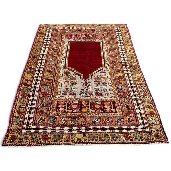 1920s Antique Avanos Cappadocia Rug | Vibrant Red Prayer Rug With Intricate Decorative Details | 5x7 For Sale - Image 5 of 5