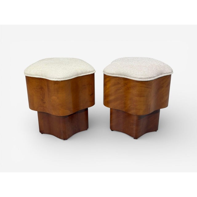 Art Deco Art Deco Style, Star Motif Footstools, Burlwood, Beige Linen, 21st C. For Sale - Image 3 of 10