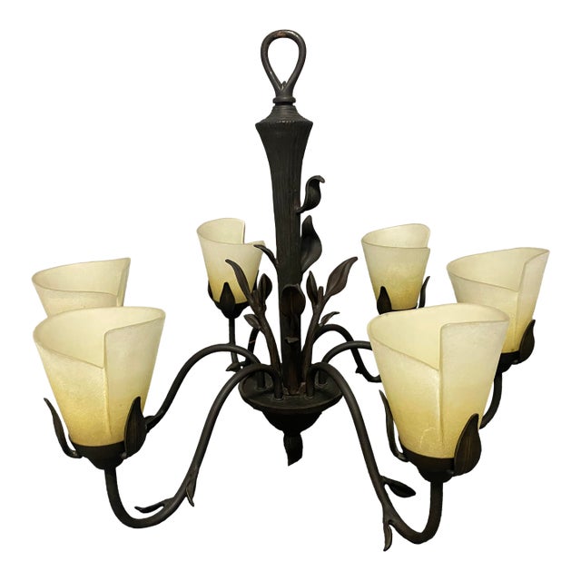 Vintage Art Nouveau Vine Chandelier 6 Arm Adjustable Brown Leafy Branches With Tulip Sconces For Sale