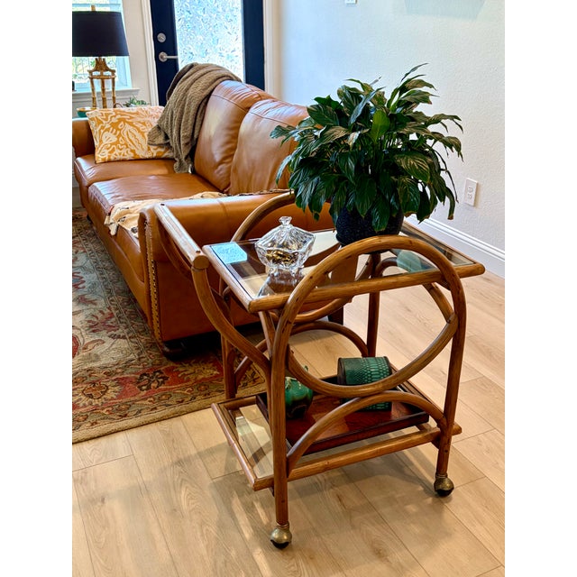 1950s Vintage Bent Rattan & Glass Bar Cart For Sale - Image 5 of 5