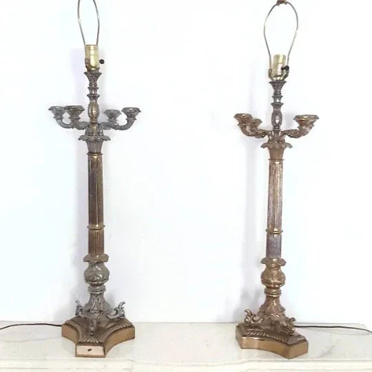 Pair of Neoclassical Empire Style table candelabra lamps. Featuring beautiful Neoclassical columns and triangular bases....