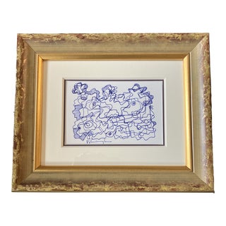 1980’s Original Vintage Wayne Cunningham Abstract Blue Ink Drawing Framed For Sale