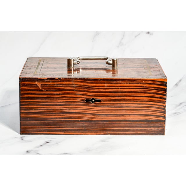 Amazing Antique Painted Faux Wood Metal Lock Strong Box With Key Home Office Decor For Sale In New York - Image 6 of 16
