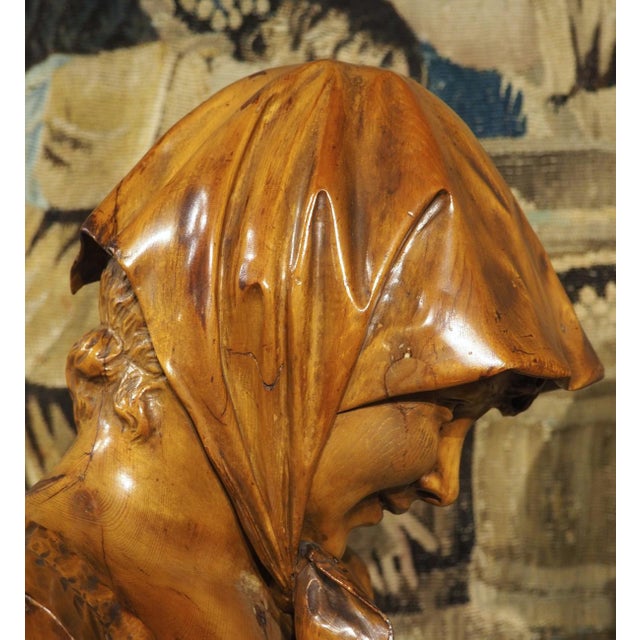 Brown Pair of Antique French Carved Pine Busts of a Boy and a Girl, Circa 1900 For Sale - Image 8 of 18