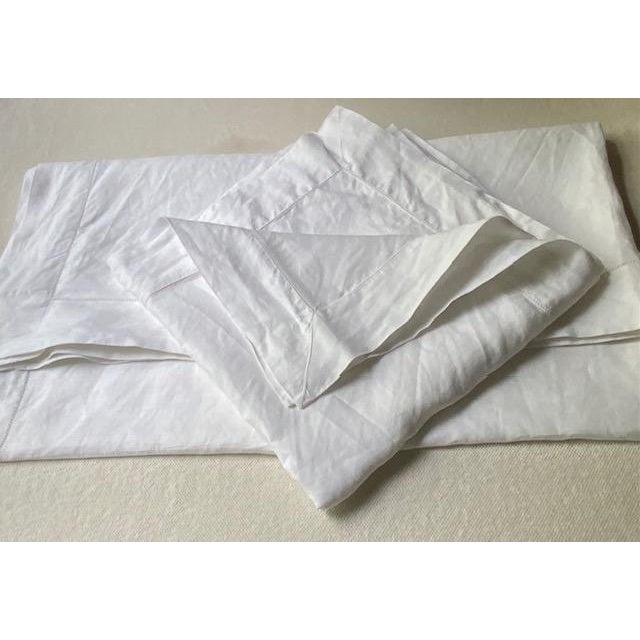 1930s Antique French White Linen Bistro Tablecloths, Hemstitch Border, Mitered Corners, 43" Square | Pair | C. 1900 For Sale - Image 5 of 18