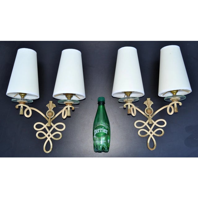 Metal French Wrought Iron & Round Glass Sconces Cone Shades, Wall Lights Art Deco 1950 For Sale - Image 7 of 13