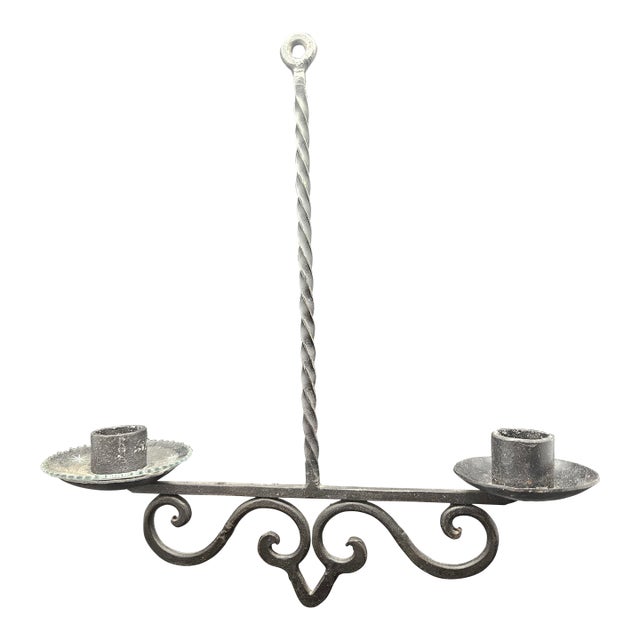Vintage Metal Two-Arm Candle Sconce, Hand-Forged For Sale