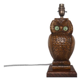 Vintage English Carved Oak Owl Table Lamp, 1950s For Sale