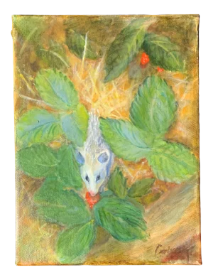 1990s "Field Mouse in Strawberry Patch" Outdoor Still Life Oil Painting