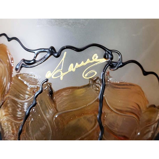 Italian Art Deco Style Frosted & Amber Satin Glass Bowl With Raised Enamel Accent For Sale In Las Vegas - Image 6 of 6