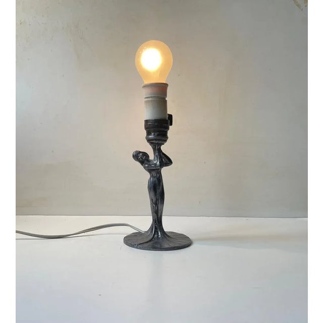 White Art Deco French Table Lamp in Pewter, 1930s For Sale - Image 8 of 9