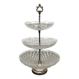 Vintage French Crystal Cut 3-Tier Serving Cake Stand For Sale