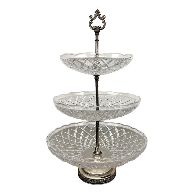 Vintage French Crystal Cut 3-Tier Serving Cake Stand For Sale