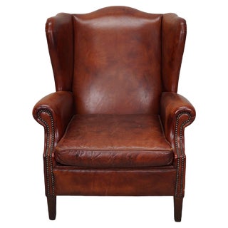 Vintage Dutch Cognac Wingback Leather Club Chair For Sale