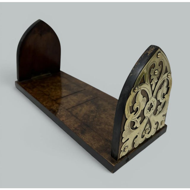 Antique Vintage English Burl Walnut Wooden Brass Inlaid Book Slide Bookslide 19c For Sale - Image 4 of 6