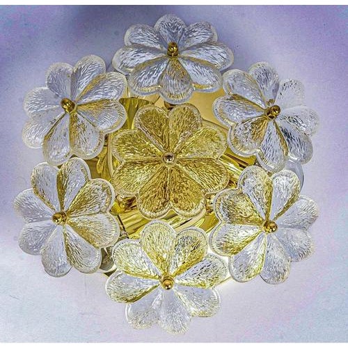 Rare chance to purchase a pair. crystal murano glass and brass flush mount with 7 overlapping clear glass flowers and 3 /...