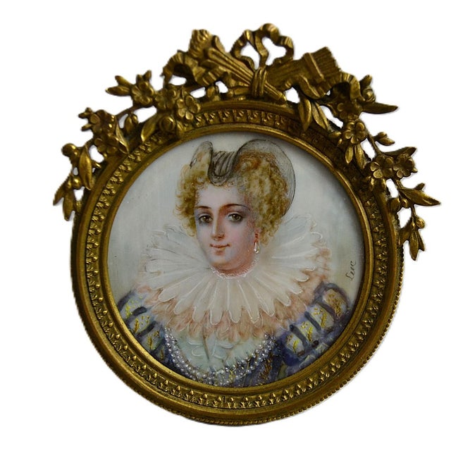 Metal Luc, Miniature Portrait of a Lady in Elizabethan Costume, 1800s, Painting, Framed For Sale - Image 7 of 15