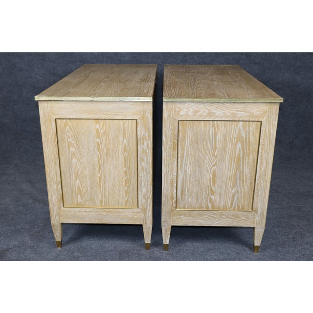 1960s Pair English Made Louis XVI Style Brass Mounted Ceruse Oak Commodes For Sale - Image 5 of 12