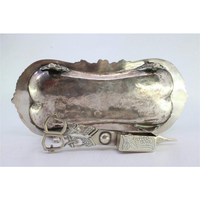 Silver Morrões Tray and Scissors with Chiseled Floral Reliefs and Engraved Center, Set of 2, in Good conditions.