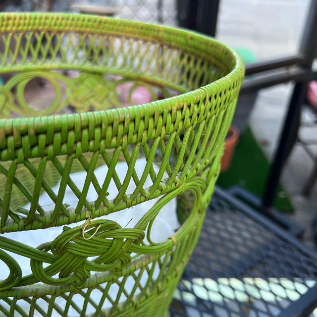 Wood Boho Vintage Lime Green Wicker Basket For Sale - Image 7 of 9