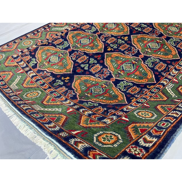 Green & Navy Blue Geometric Tribal Wool Area Rug, 5' X 6'7" For Sale - Image 15 of 16