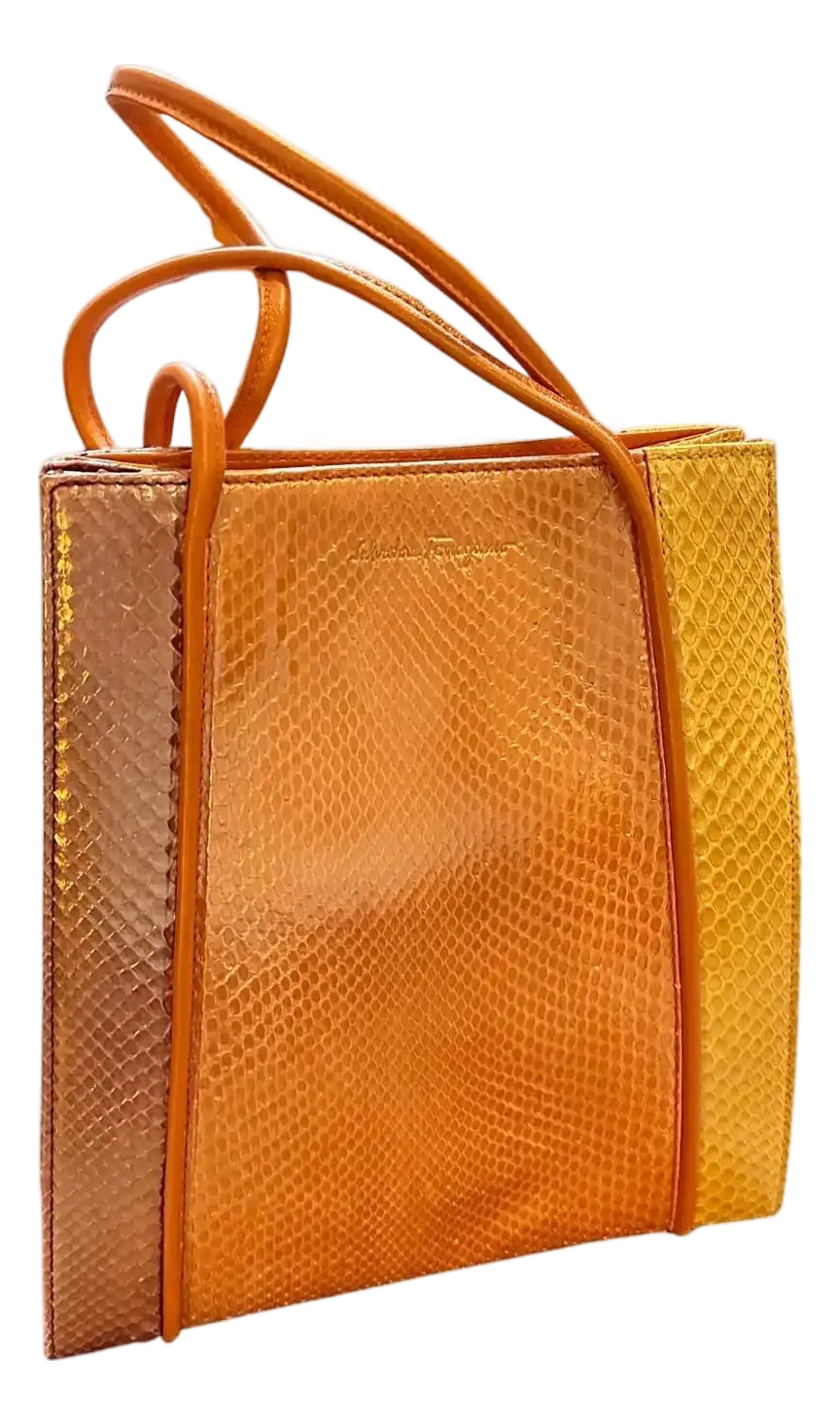 1990s Orange Brown and Yellow Leather Top Handle Bag by Salvatore