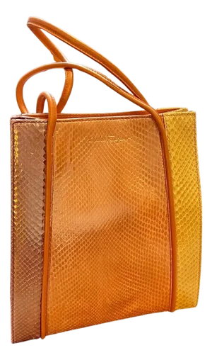 1990s Orange Brown and Yellow Leather Top Handle Bag by Salvatore Ferragamo