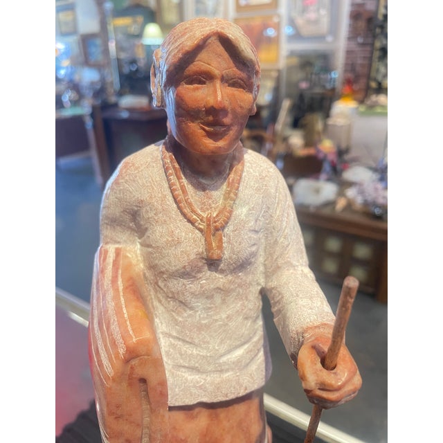Navajo Hand carved raspberry alabaster sculpture by Tim Washburn on stand Signed - see photos