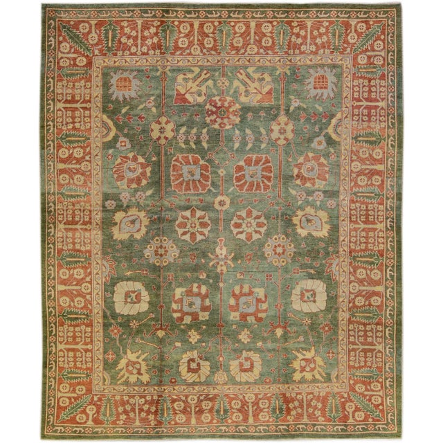 Modern Turkish Oushak Handmade Floral Motif Green Wool Rug For Sale - Image 10 of 10