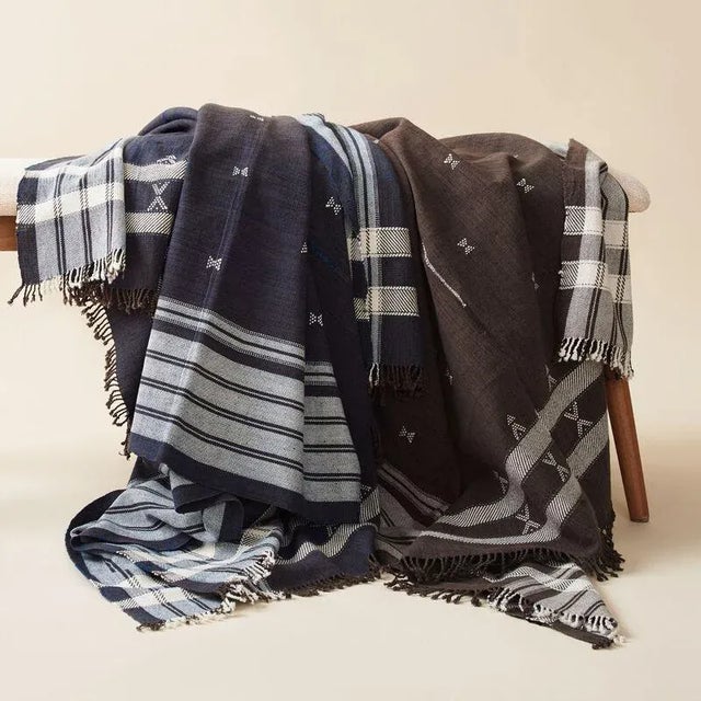 Textile Studio Variously Handwoven Indigo Indie Organic Cotton Throw For Sale - Image 7 of 11