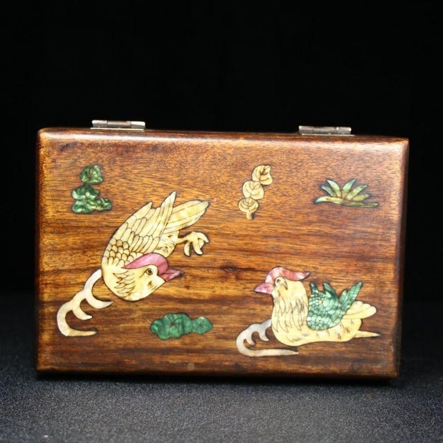 Chinese Huali Wood Mother-of-Pearl Inlaid Jewelry Box, Mandarin Duck Motif With Gemstone Accents For Sale In Los Angeles - Image 6 of 7