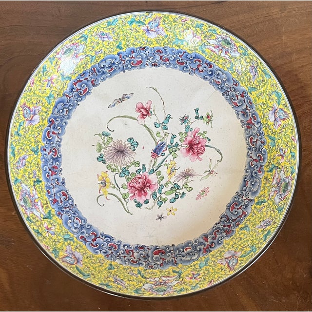 18th Century Antique 18th C. Chinese Qianlong Period (1736 - 1795) Canton Dish Painted Enamel on Copper With Flowers, Cricket and Bat For Sale - Image 5 of 13