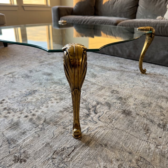 Metal Vintage Hollywood Regency Cast Bronze & Shaped Glass Coffee Table in the Manner of p.e. Guerin For Sale - Image 7 of 7
