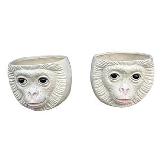 Pair Vintage Ceramic Monkey Head Planters Signed Biblicoff MCM Hollywood Regency For Sale