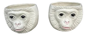 Pair Vintage Ceramic Monkey Head Planters Signed Biblicoff MCM Hollywood Regency