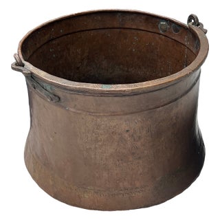 Huge Antique Copper Cauldron: Hand Forged Firewood Bucket 19" With Hand Etched Riveted Handle Green Patina Damage For Sale