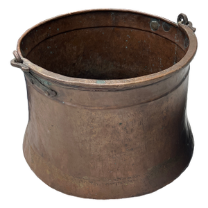 Huge Antique Copper Cauldron: Hand Forged Firewood Bucket 19" With Hand Etched Riveted Handle Green Patina Damage