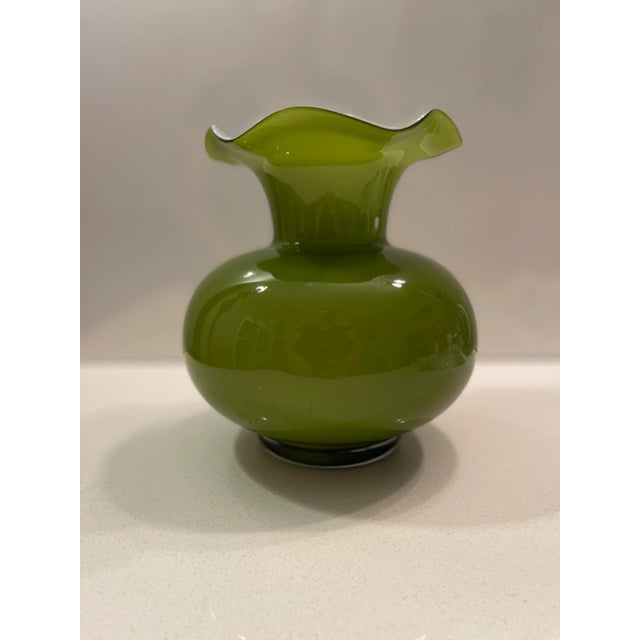 Olive Boho Chic Olive Green Vase With White Flower Top For Sale - Image 8 of 12