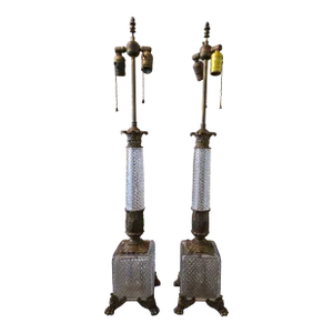 1900s Baccarat Attributed Crystal Bronze Lamps - a Pair