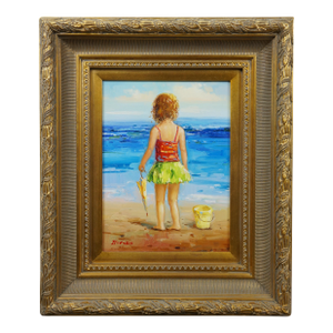 Vintage Timeless Treasures Oil Painting Burford Child on Beach Ocean Framed 27"