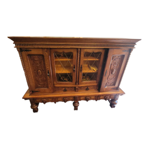 Antique French Renaissance Revival Gothic Oak Bookcase China Cabinet Display Vitrine